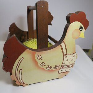 Vintage chicken hen basket slatted all wood hand painted FARMHOUSE farm Easter